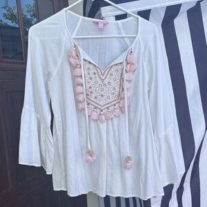 Lilly Pulitzer White Blouse with Pink Tassels